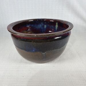Signed Studio Art Pottery Stoneware Bowl Red Blue Drip Glaze VOC 6.5"